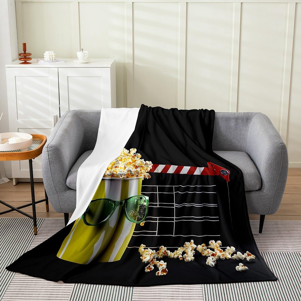 Film Theme Decor Throw Blanket, Clapboard Popcorn Filmstrip Print Fleece Blanket for Family Movie Themed, Home Theater Decor Soft Cozy Flannel Blanket, Throw Size for Sofa Bed Couch Chair Crib Travel