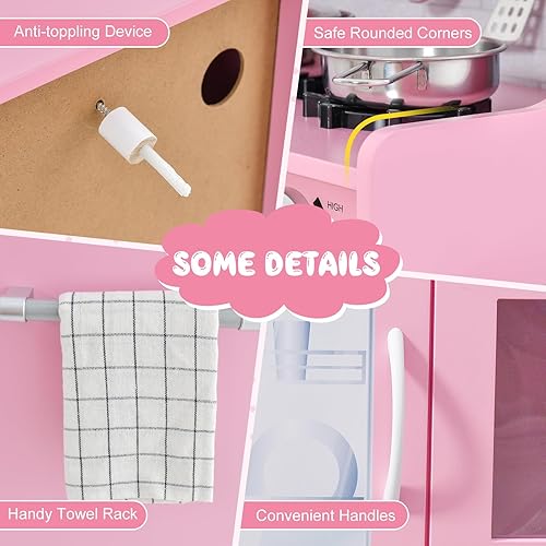 Miniatura 7 de KOTEK Juego de cocina para niños, juego de cocina de juguete de chef de madera con horno, pizarra, teléfono, máquina de hielo, microondas,