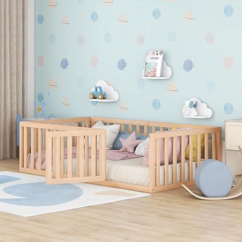 Miniatura 4 de Harper & Bright Designs Cama de suelo de tamaño individual con barandillas de seguridad y puerta, marco de cama individual de madera para niñas y