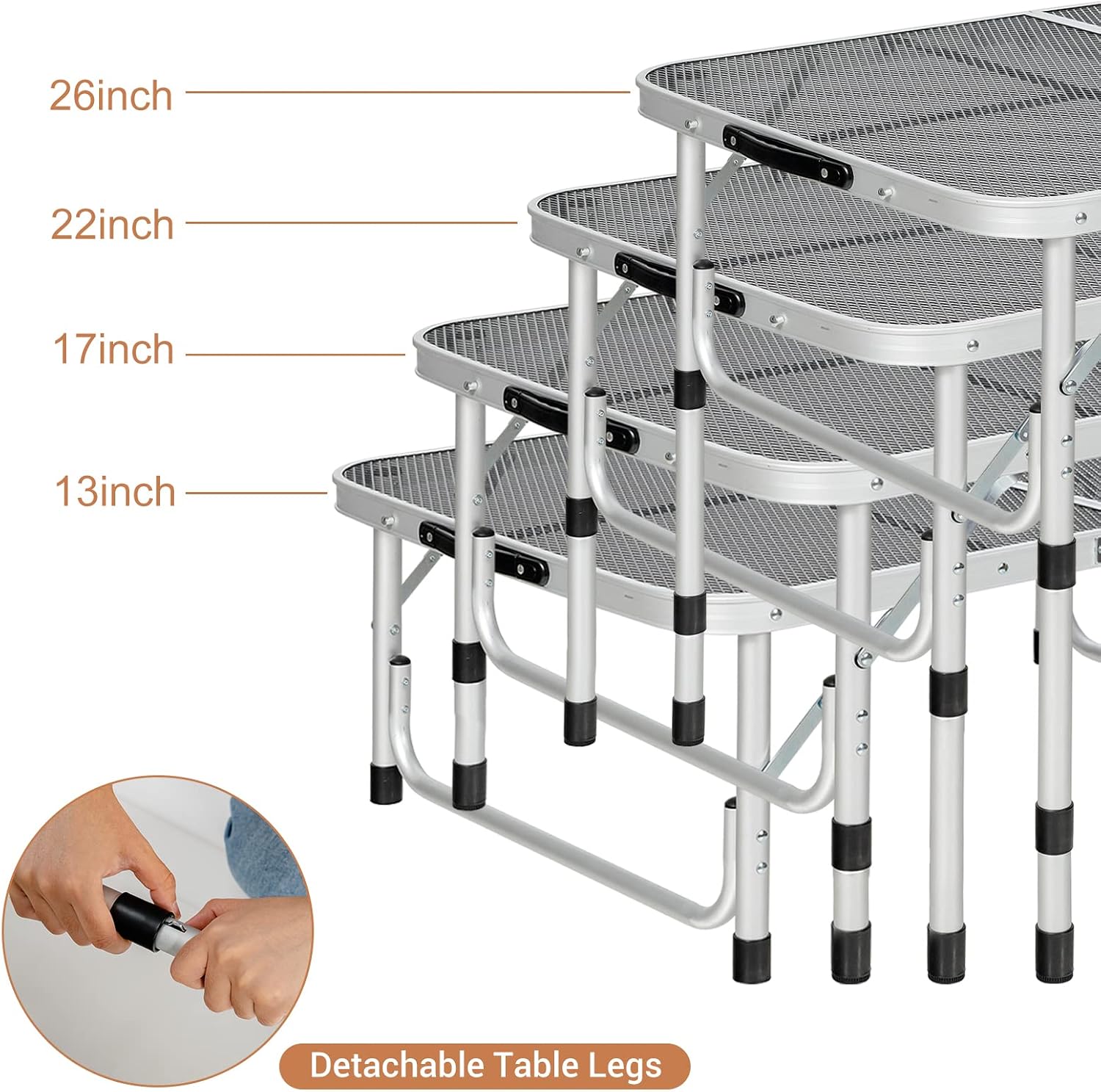 Close-up of the adjustable legs of the GYMAX camping table, showing four height settings.