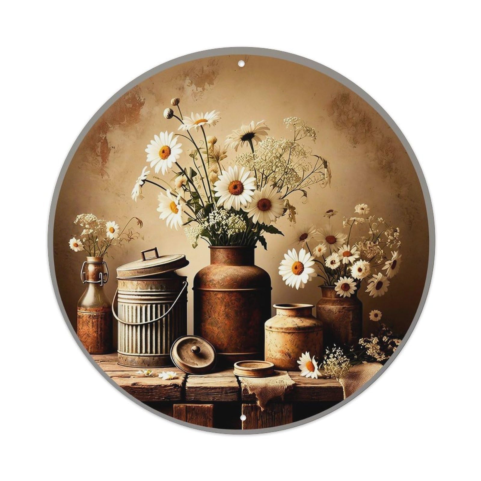 Rustic Floral Still Life Arrangement Retro Metal Sign Round Tin Sign, Vintage Decor Art Poster for Bar, Home, Man Cave, Kitchen, Laundry Room Gift 8x8Inch