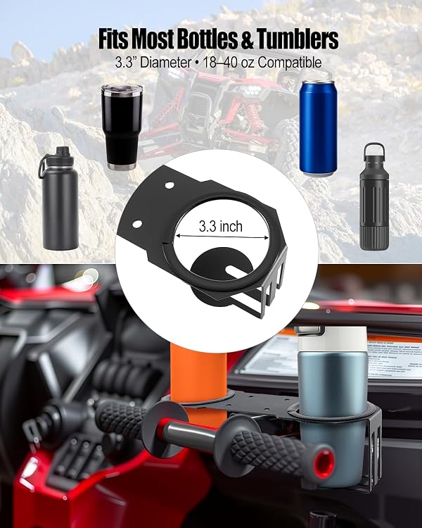 Grab Bar Dual Cup Holder Fit for Honda Talon 1000R/X (2019–2023) & Kawasaki Teryx KRX 1000 (2020–2023), Heavy-Duty Steel Motorcycle Armrest Drink Holder, No Drill UTV Cup Holder (Black) by JVWKPU - Image 5