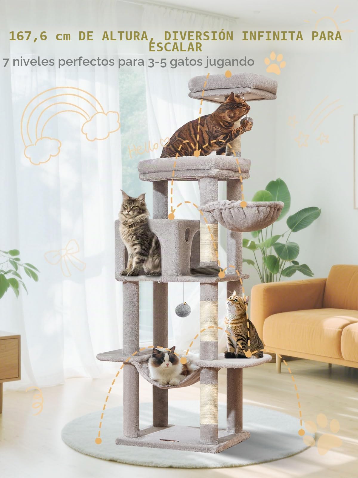 Taoqimiao Rascador para Gatos Grandes, 168cm Arranhador para Gatos Cat Tree com Plataformas Grande, Espacioso Cuevas, Cesta, Hamaca, MS042W Gris Claro