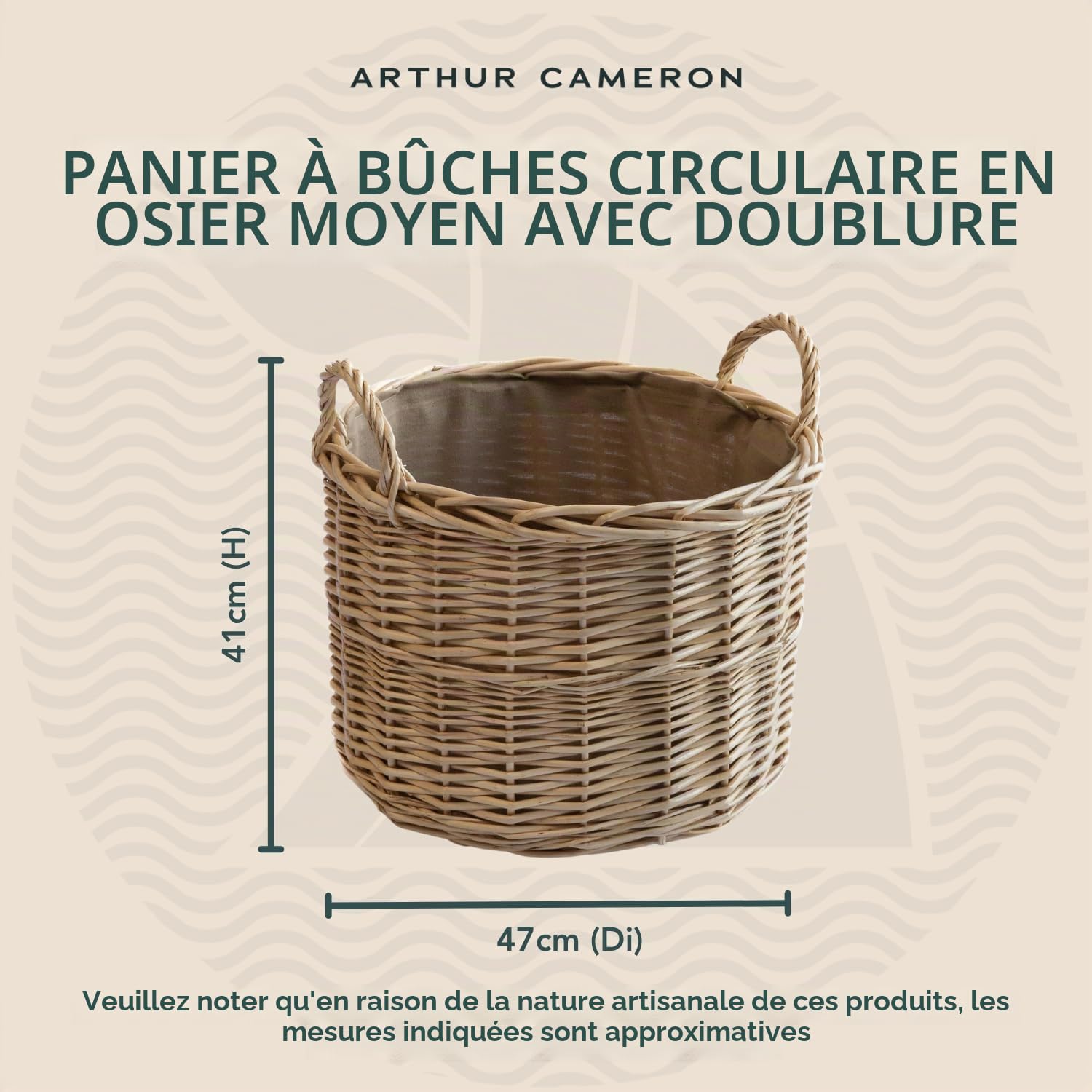 Panier circulaire rond en osier avec doublure et poignées (moyen, naturel)