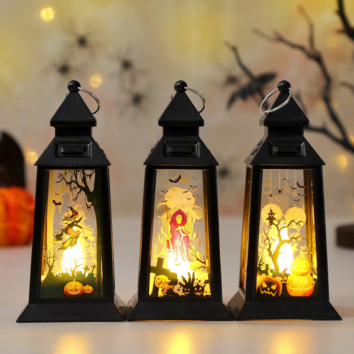 Halloween Decor Black Lantern Lights Mini Halloween Pumpkin Ghost Witch Bat Tree Candle Lantern for Indoor Outdoor Table Decorations (Pumpkin Lights) - Image 3
