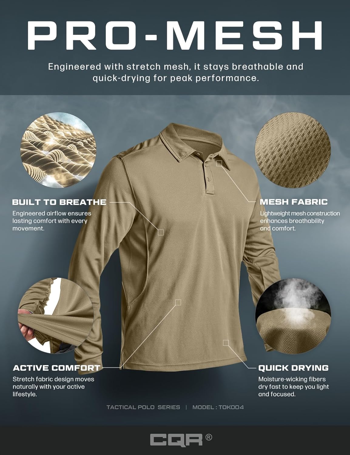CQR Men's Polo Shirt, Long Sleeve Tactical Shirts, Outdoor UPF 50+ Pique Shirt, Dry Fit Lightweight Golf Shirts - Image 7