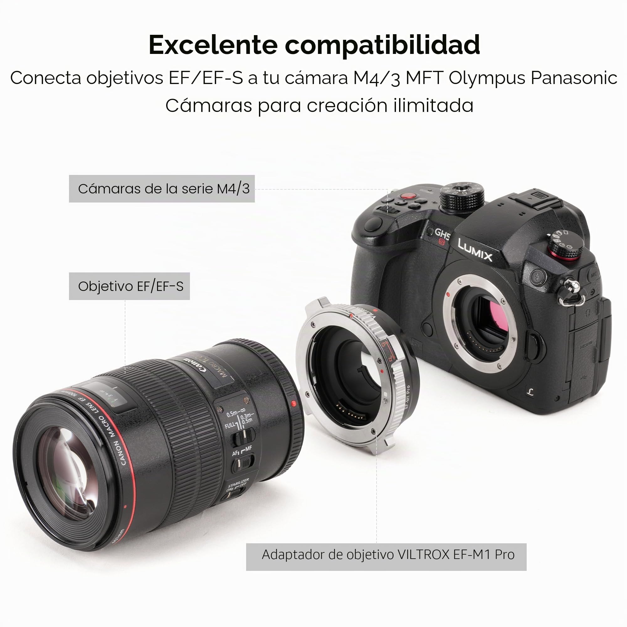 VILTROX Adaptador de lente de enfoque automático EF-M1 Pro compatible con lentes EF/EF-S a cámaras M4/3 MFT GH4 GH5 GF6 GX7 E-M5 E-M10 II E-PL5