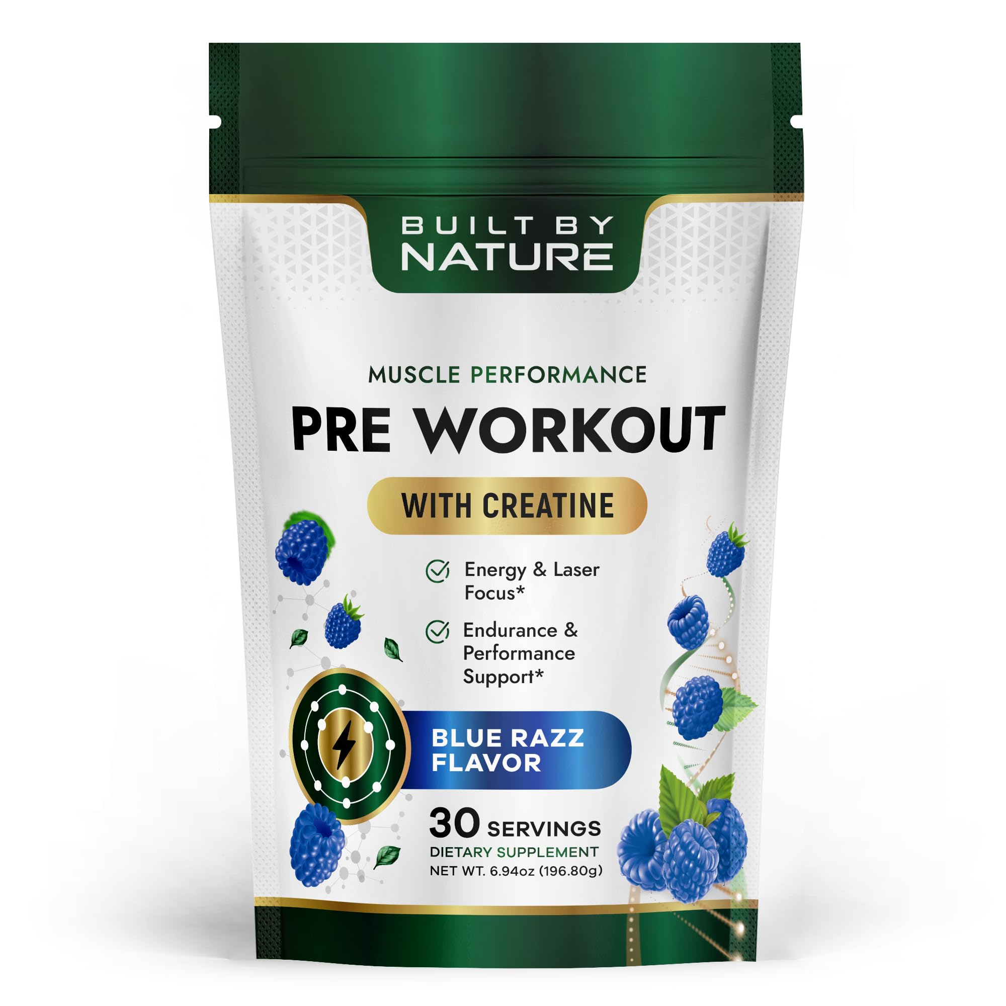 Built by Nature Pre Workout Powder for Men & Women, Blue Razz, 30 Servings with Creatine, Energy & Focus, Pumps, Sports Nutrition Supplement