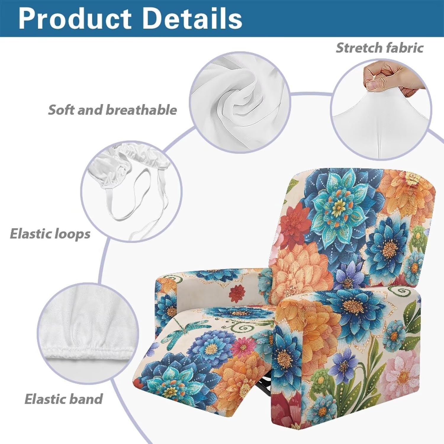 Bohemian Flower Dragonlfy Stretch Recliner Chair Covers, 4 Pieces Recliner Slipcovers Recliner Cover Soft Reclining Cover Furniture Protector with Pocket