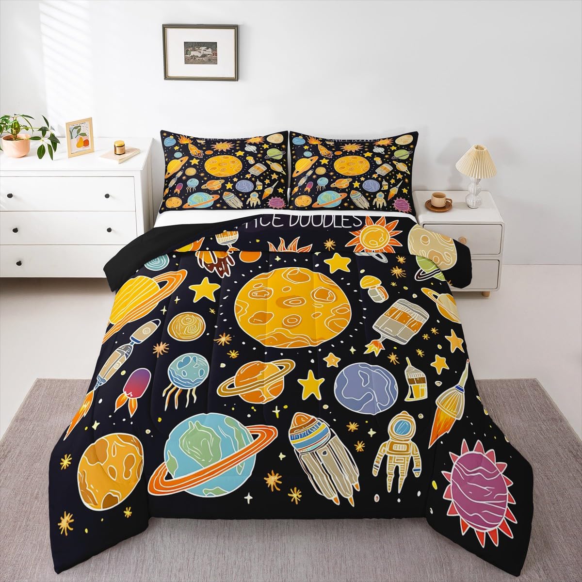 Feelyou Outer Space Comforter Set Full, Solar System Bedding Set for Kids Planet Solar System Comforter Boys Girls Educational Duvet Set with 2 Pillow Case