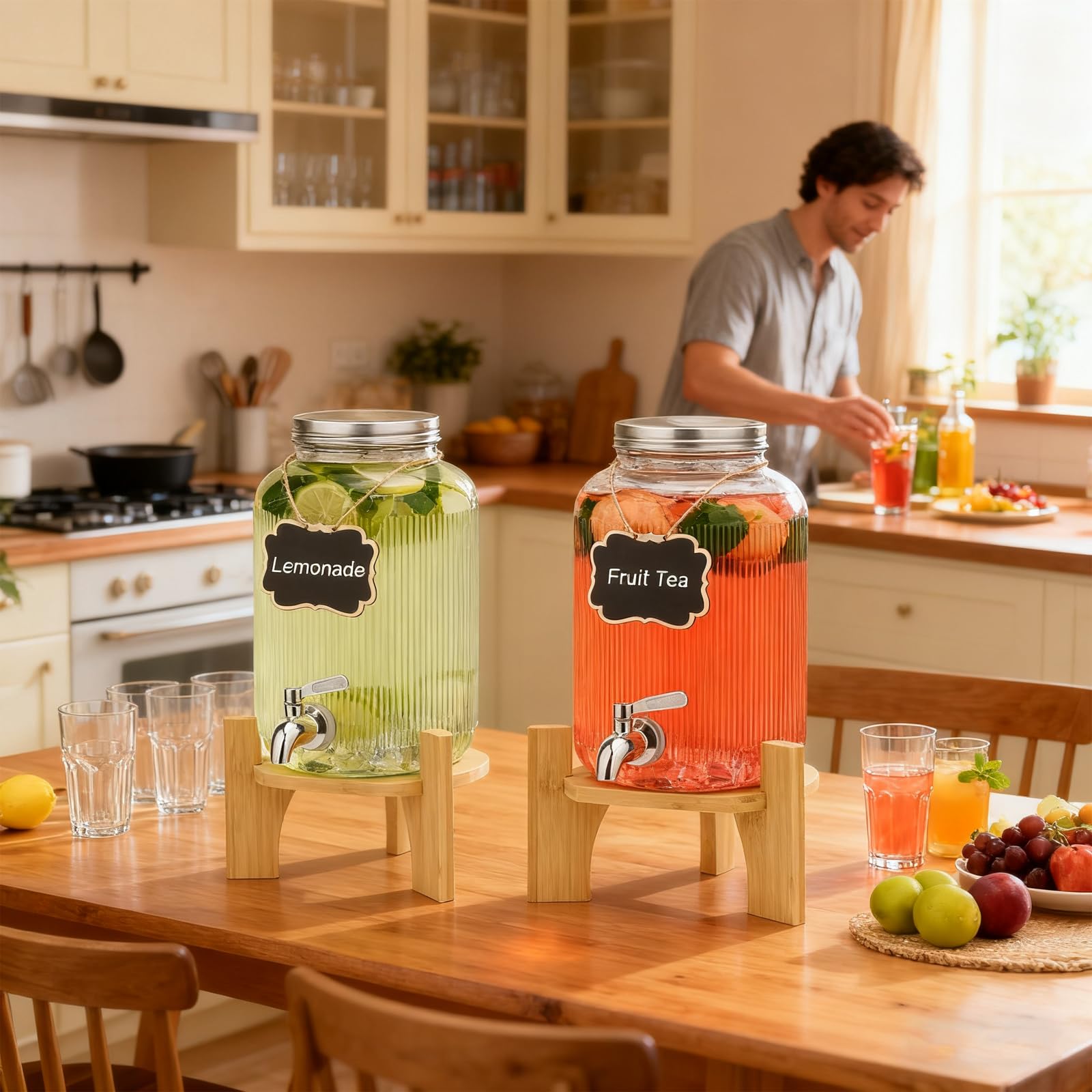4L Getränkespender aus Glas mit Zapfhahn und Ständer für Partys, Cocktails, Saft