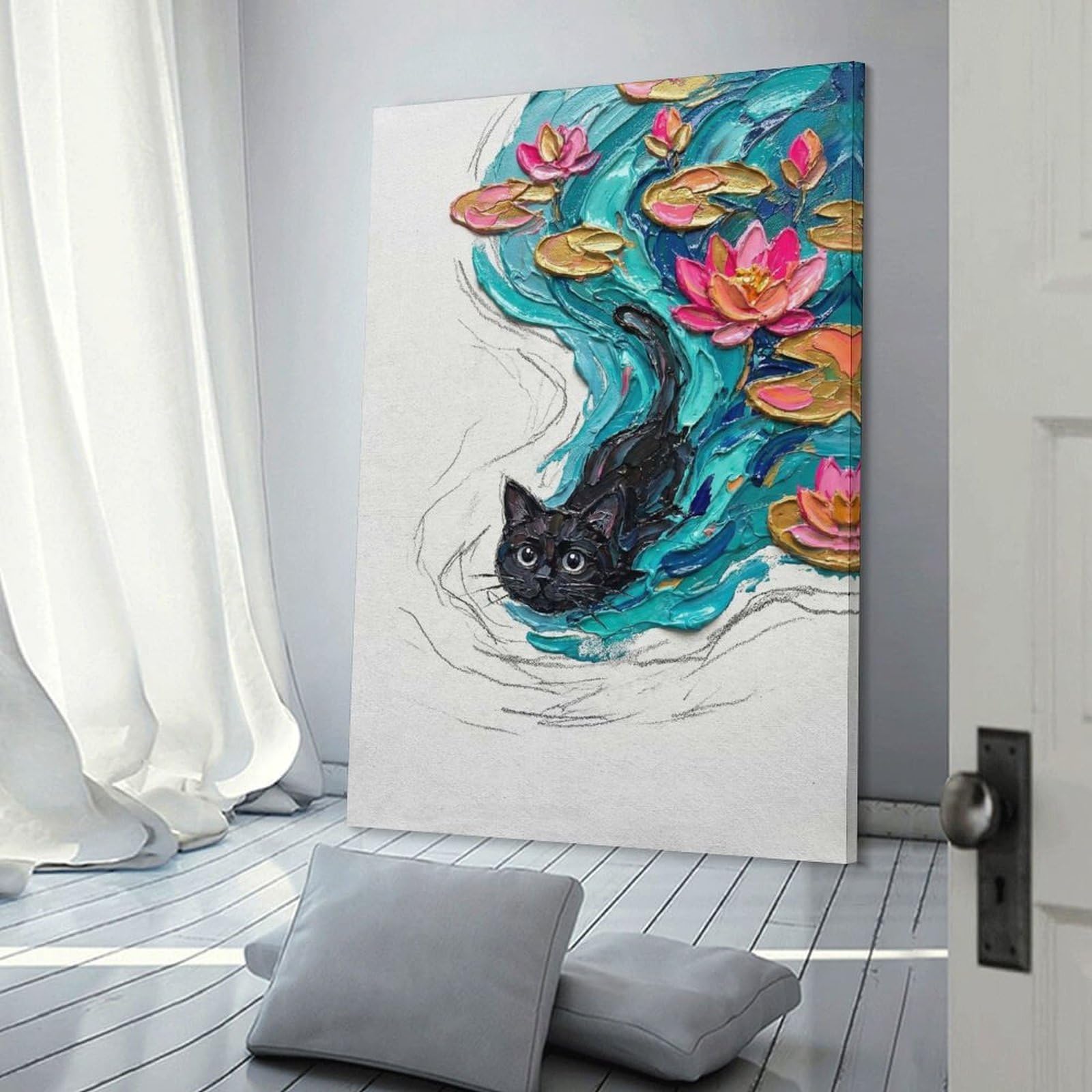 Junmoney Frame-Style-6-1 Black Cat In Water Lily Pond Painting Decorative Wall Artwork, 24X36inch(60X90cm), For Work Areas, Reading Rooms Or Studios, Wall Art That Adds Style To Work Areas
