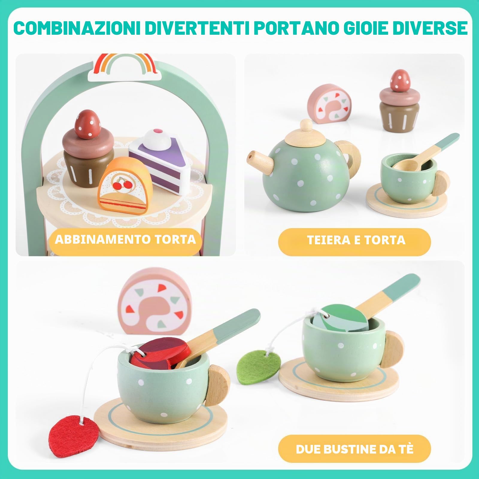 GAGAKU, Set da tè in legno per bambini e bambine, con accessori e cibo finto