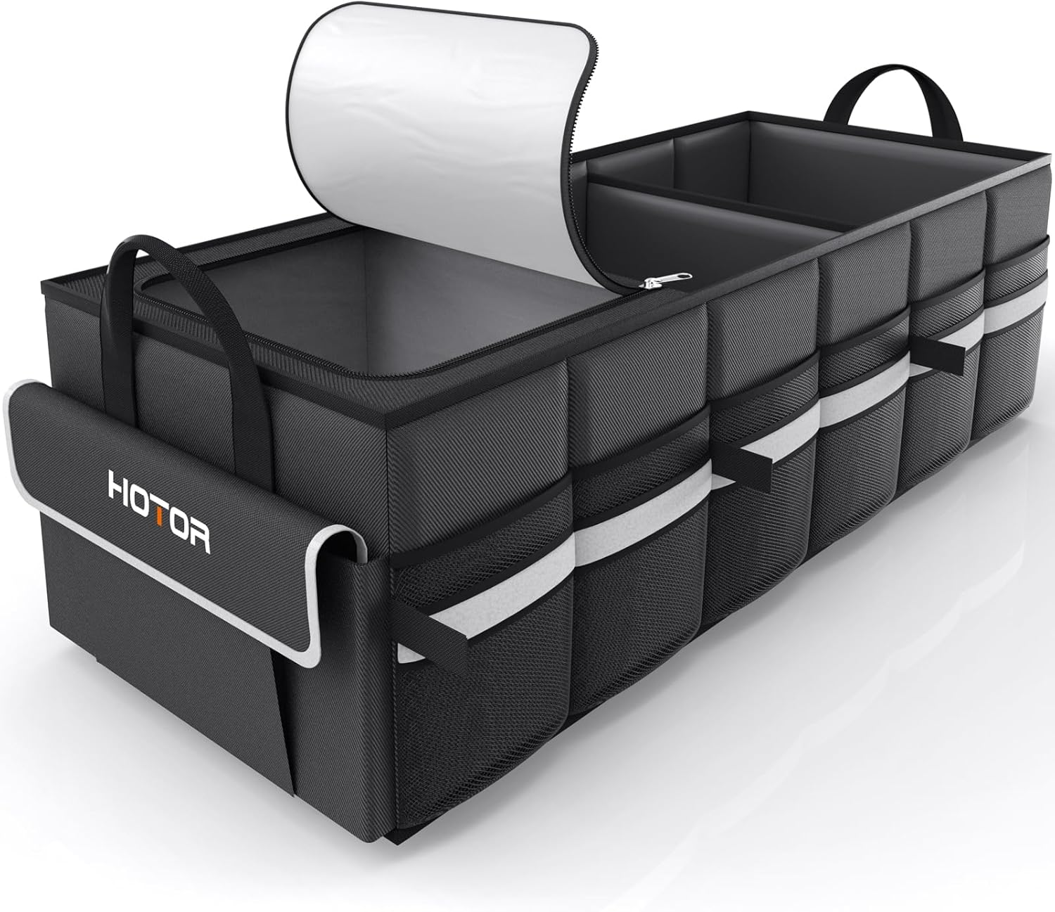 HOTOR Trunk Organizer - Car Organizer with Built-In Leakproof Car Cooler, Collapsible Trunk Organizer with Cooler for SUV, Sedan, with Base Panel (3 Compartments, Black), 35.4"×14.2"×10.6"