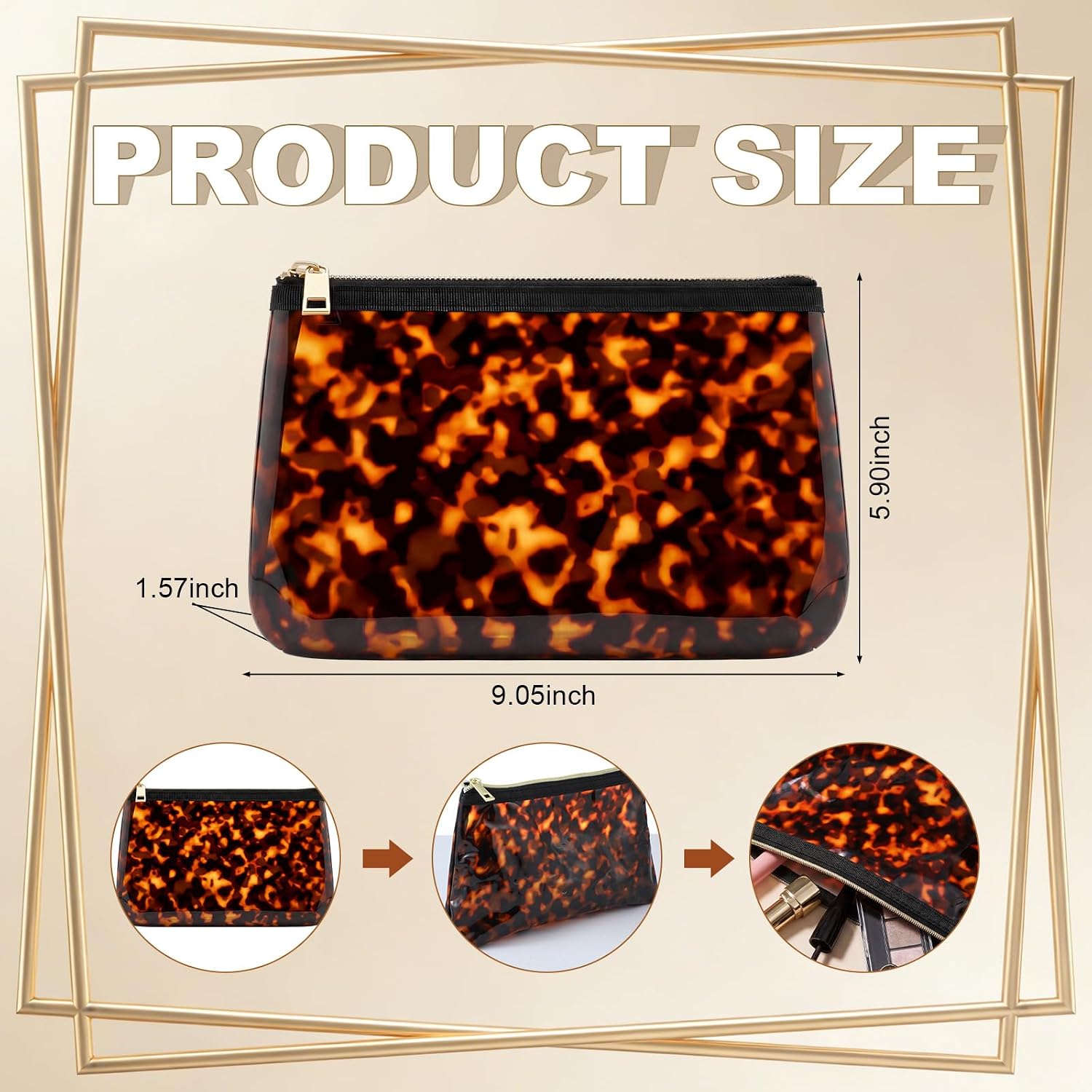 Meanplan Retro Tortoise Shell Printed Makeup Cosmetic Bag 11 x 6 Inch PVC Waterproof Cosmetic Pouch with Zipper Travel Toiletry Bag for Women Daily Use Ideal Gifts