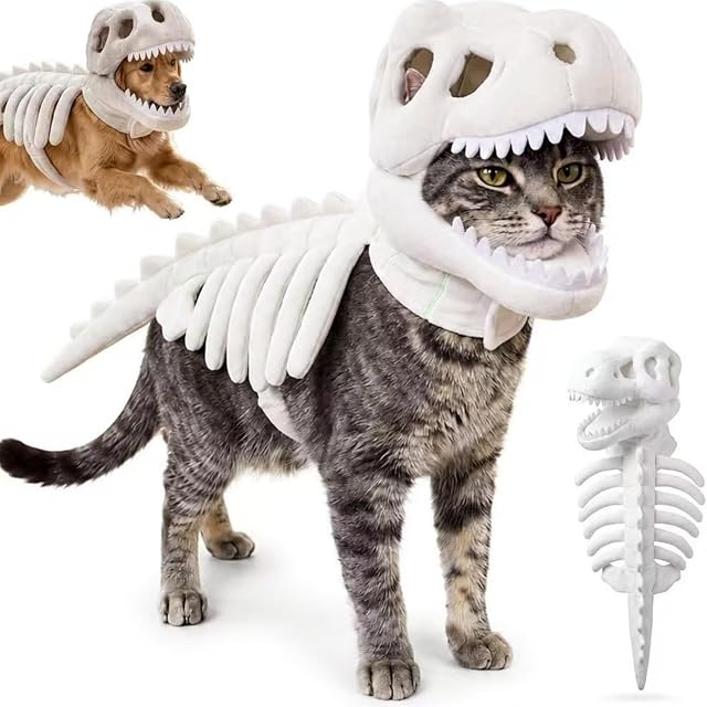 Costume da Scheletro di Dinosauro per Cani e Gatti (Gatto/Bianco,35cm) | Morbido Outfit da T-Rex in Peluche con Cappuccio a Ossa 3D, Abbigliamento Cosplay per Animali Domestici