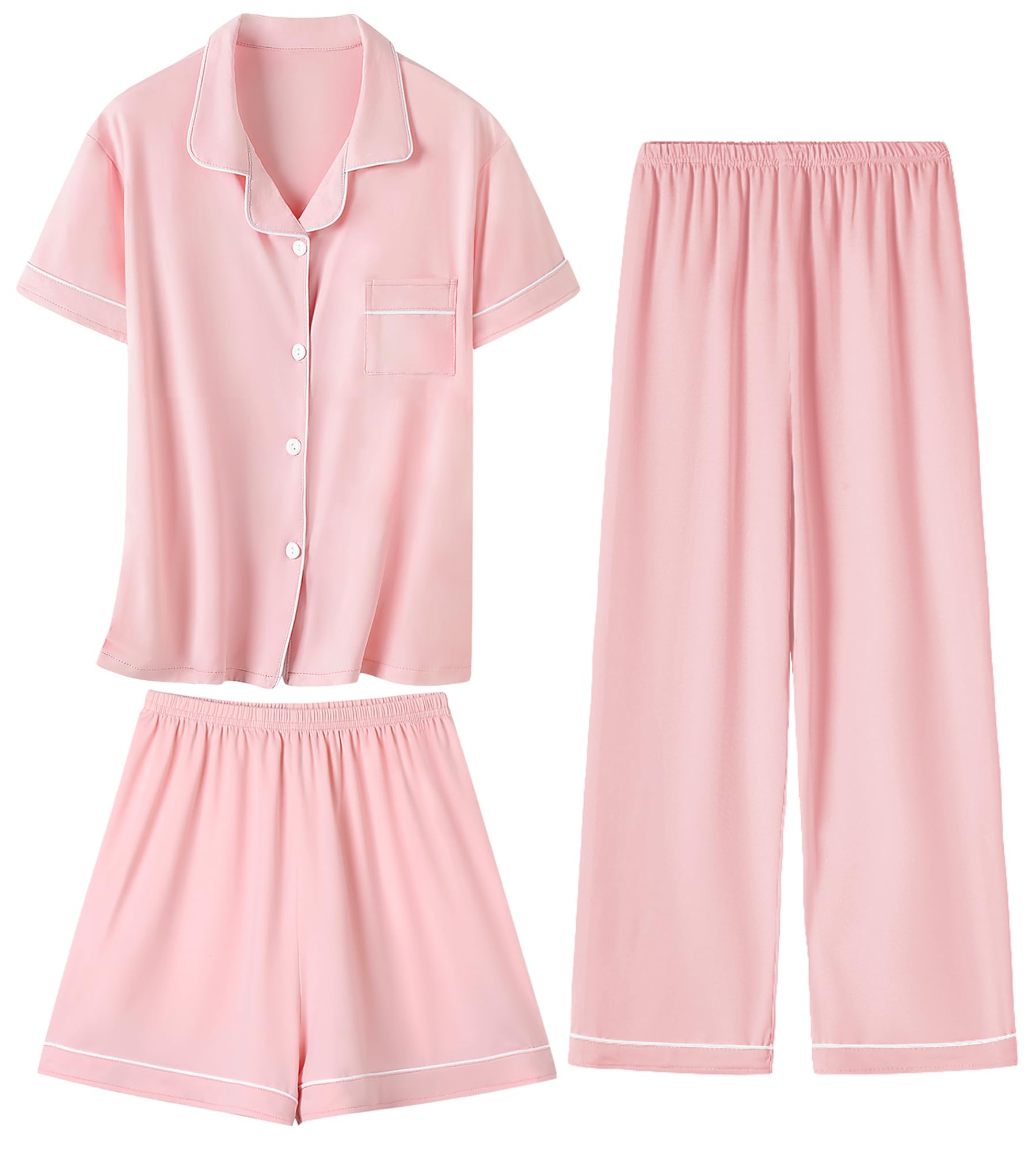 Umeyda Girls Pajamas Set Soft Short Sleeve Button-Down Sleepwea Nightwear 3Pjs Set Loungewear, 5-14 Years