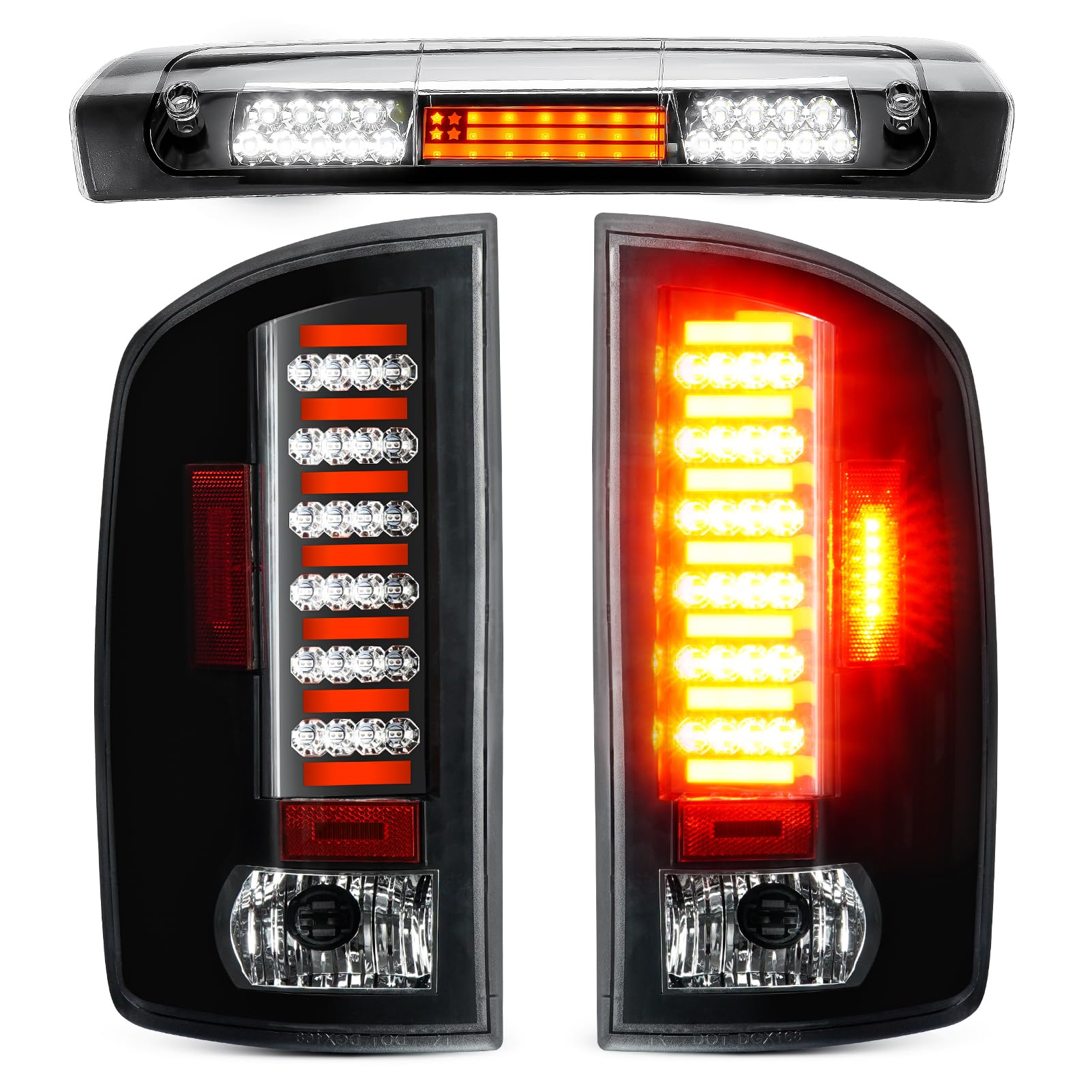 Bomusou Tail Lights + 3rd Third Brake Light Fit for Dodge Ram 1500 2002-2006, for Dodge Ram 2500 3500 2003-2006, LED Taillights Assembly and High