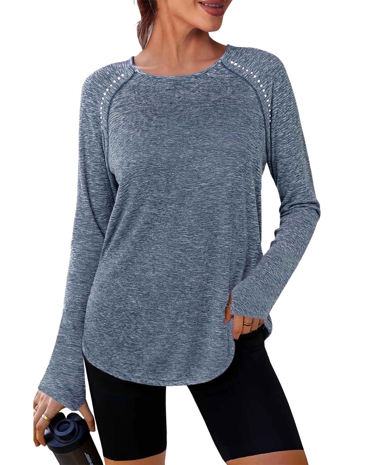 Crewhpo Sportshirt Damen Langarmshirt Sport Oberteil Rundhals Langarm T-Shirt Funktionsshirt UPF 50+ Laufshirt Leicht Atmungsaktiv Fitness Gym Yoga Top mit Daumenloch