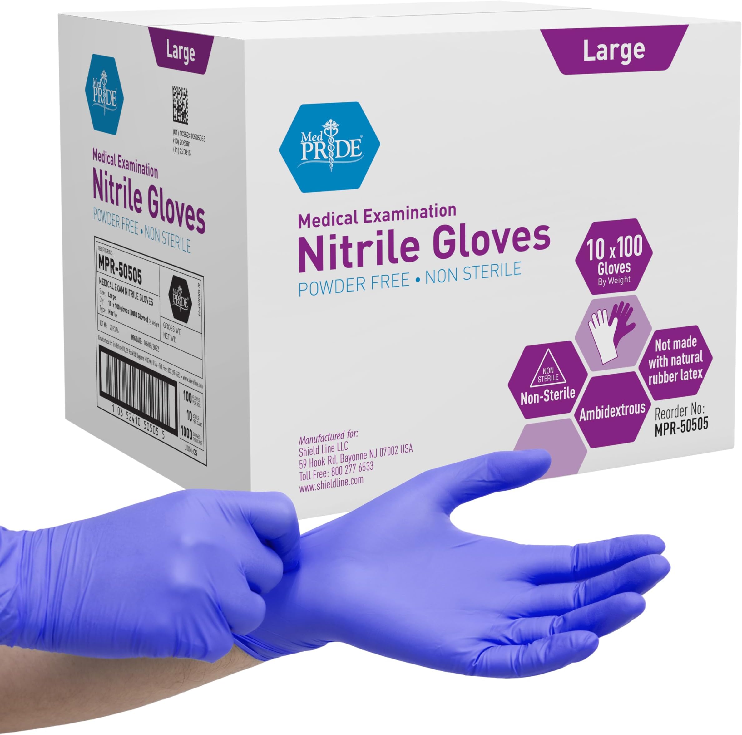 MedPride Powder-Free Nitrile Exam Gloves, Large, Case/1000 (10 Boxes of 100)