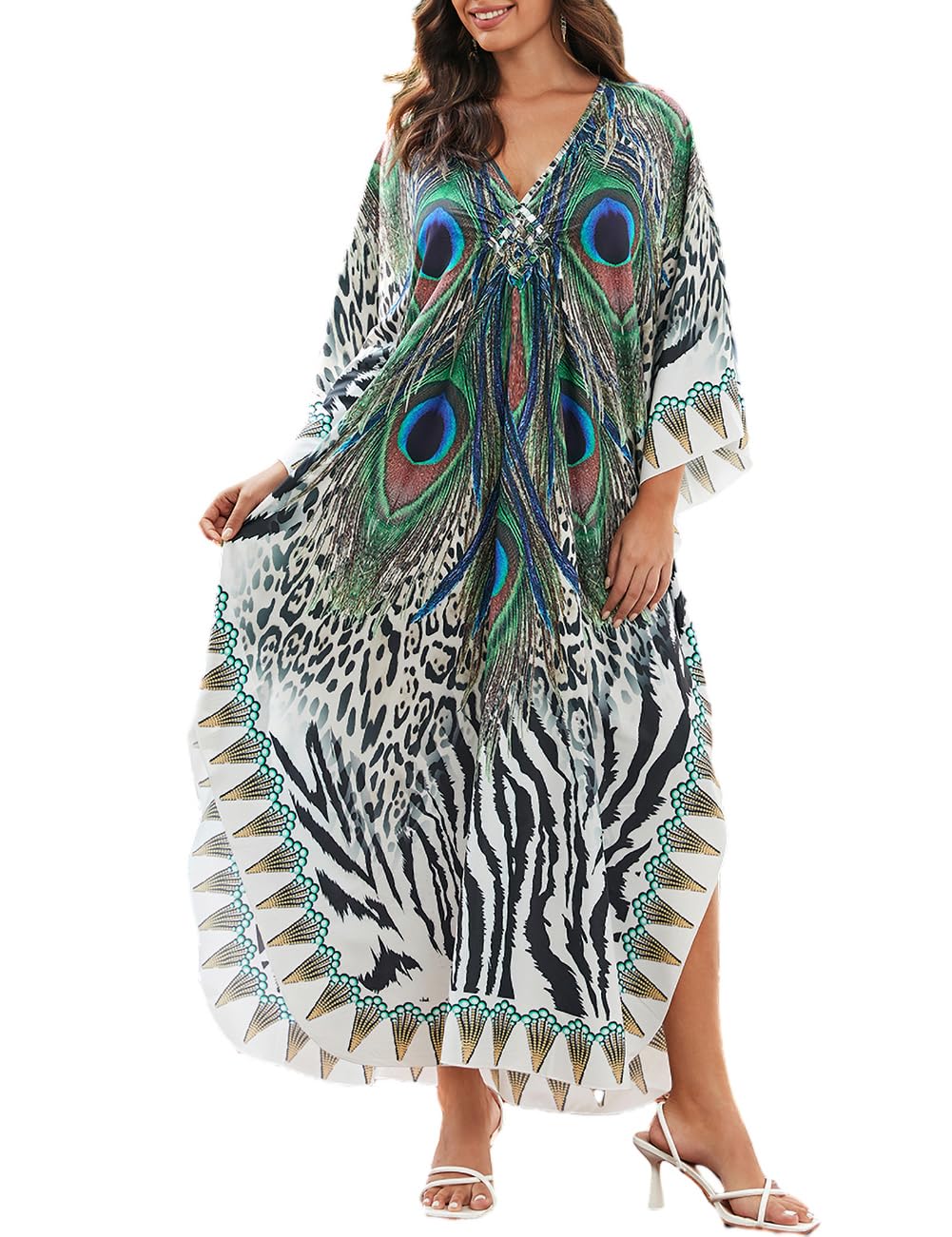 Bsubseach Vestido de Playa Kaftan para Mujer Tallas Grandes Caftan Largos Cubierta Traje de Baño Verano Peacock