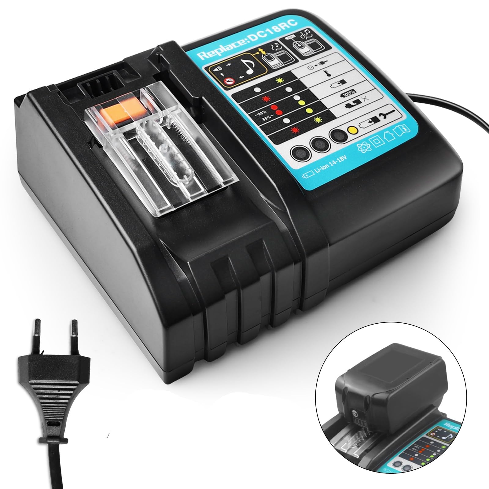 Akku 18v Ladegerät DC18RC Schnellladegerät Kompatibel mit Makita 14,4 Volt und 18 Volt Li-Ion Ersatzakku BL1815 BL1830 BL1840 BL1850 BL1860 BL1890 BL1415 BL1430 BL1440
