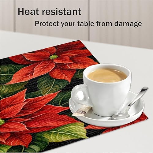 Miniatura 5 de Juego de 4 manteles individuales de Navidad con diseño de flor de pascua, lavables, impermeables, para decoración de mesa de comedor, 18 x 12