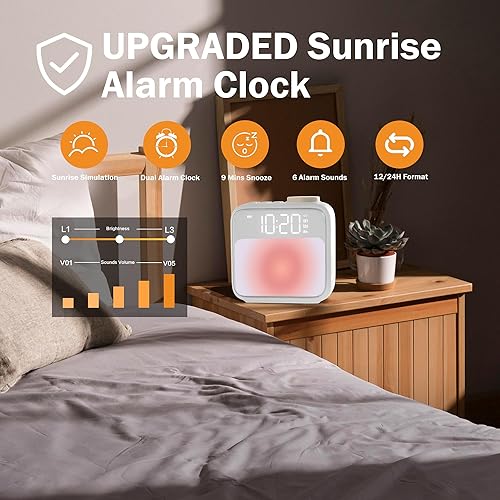 Miniatura 3 de Reloj despertador Sunrise para dormitorios, reloj digital con máquina de sonido, luz nocturna, batería recargable de 1800 mAh, reloj despertador