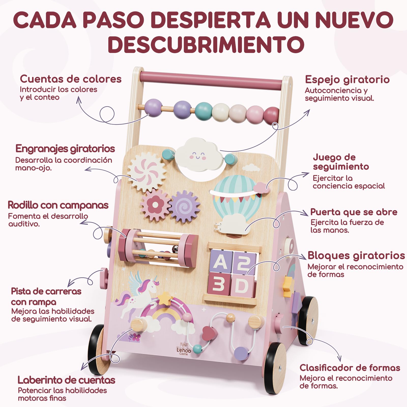 Lehoo Castle Andador Bebes de Madera, Caminador Bebé Unicornio | Freno Ajustable, Unicornio Rosa, Centro de Actividades 10 en 1, Juego Educativo Montessori, Regalo Bebé Niña 1 Año