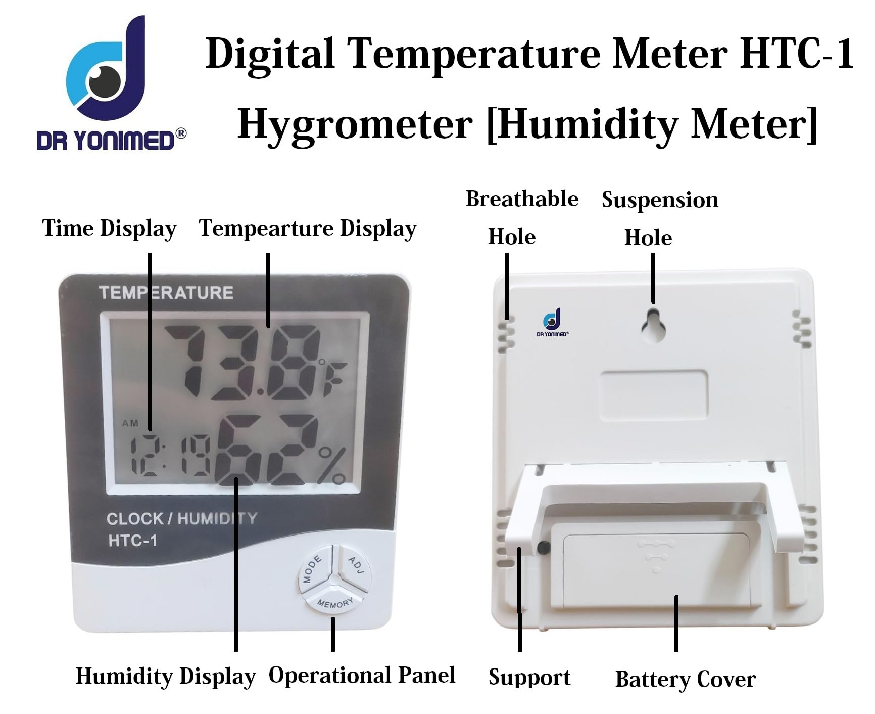 Dr Yonimed Room Temperature Meter Humidity Meter HTC-1 Accurate Indoor Thermometer With Large LCD Display Table Top & Wall Mounted Clock With Alarm,Digital Hygrometer. 2