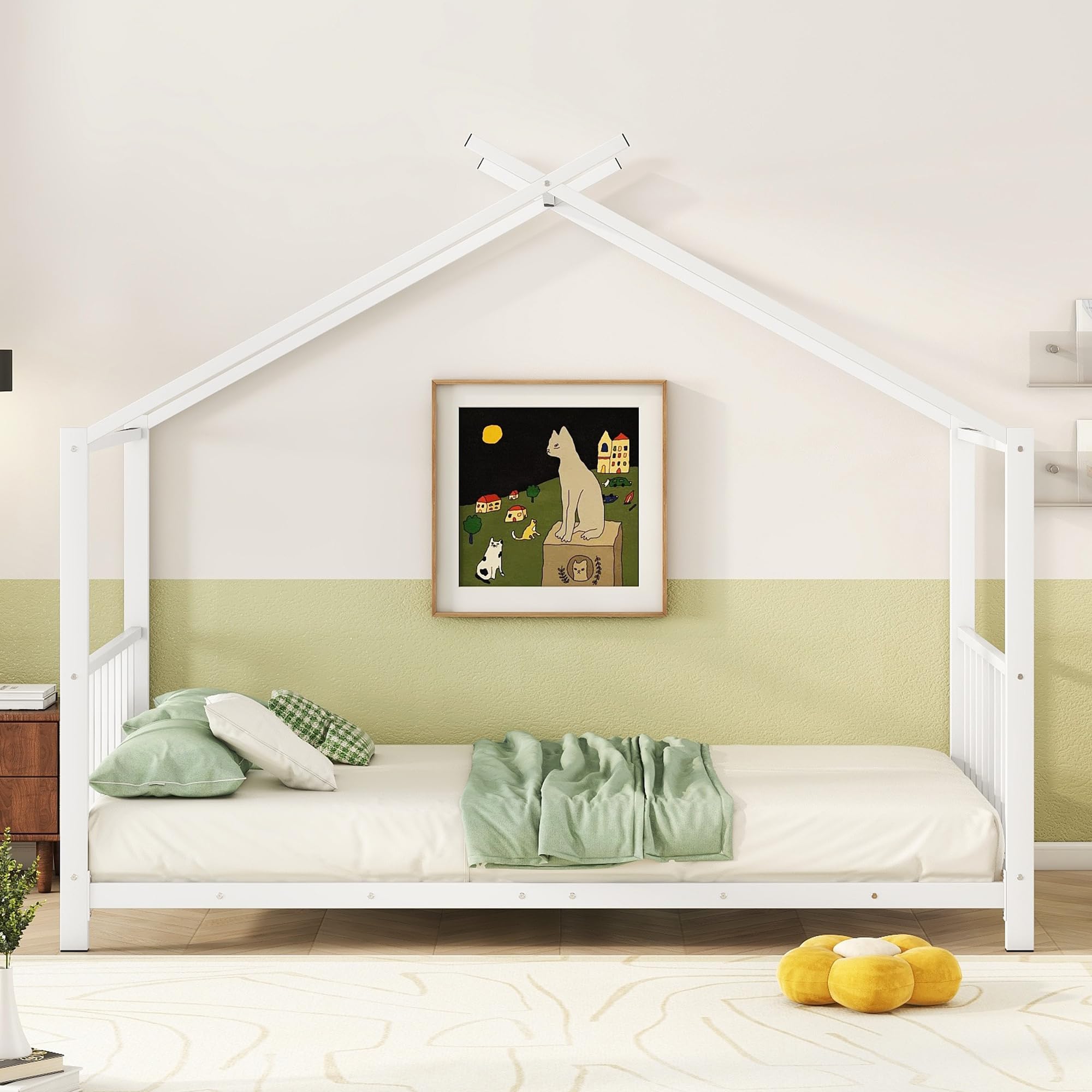 Twin Size Kids Montessori Floor Bed,House Bed Frame with High Headboard,Twin Floor Bed with Roof for Boys Girls,Floor Bed Metal Frame (White)