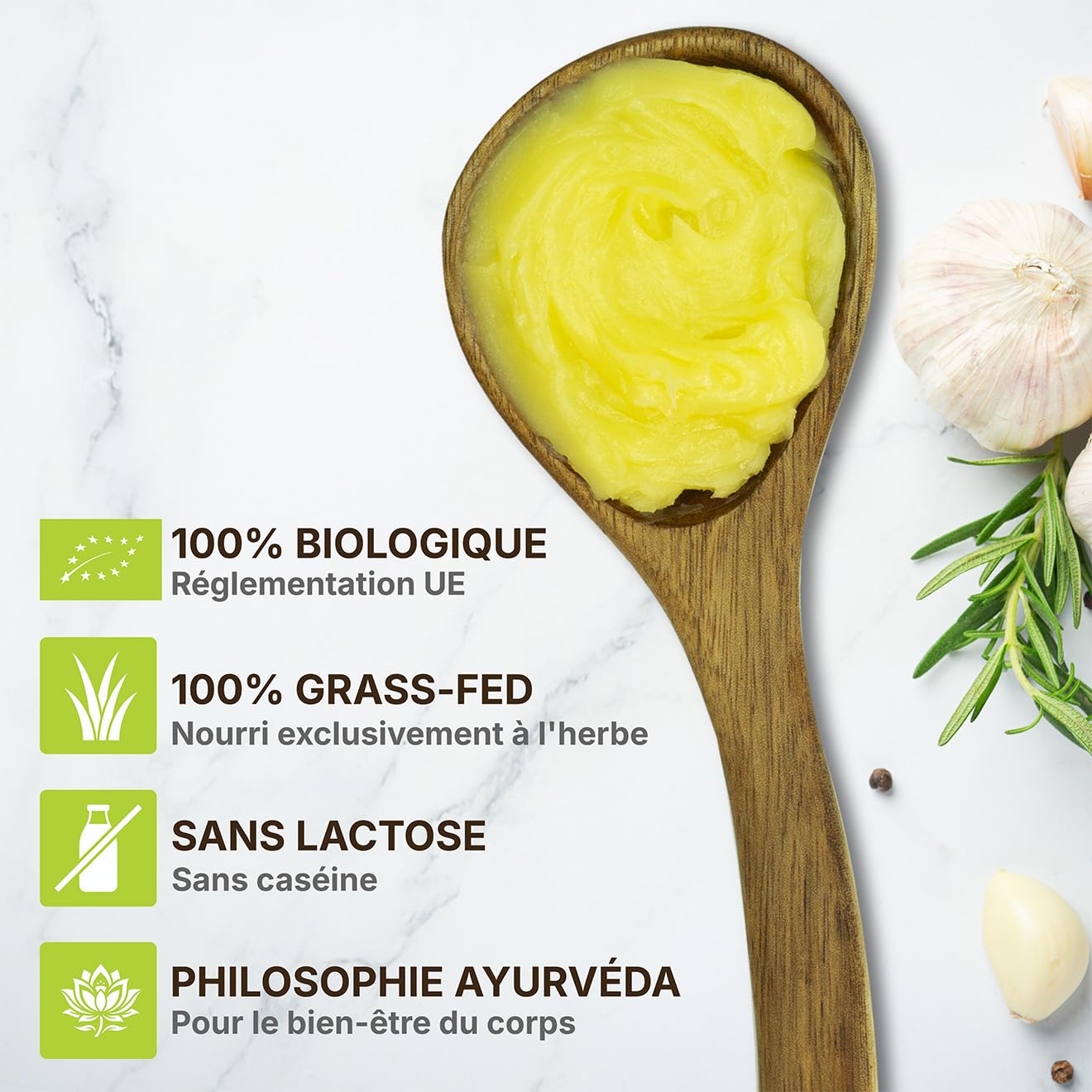Ghee Bio - beurre clarifié selon l'ancienne recette ayurvédique - uniquement à partir du lait de vaches au pâturage - extrêmement digestible sans lactose - Exponatura (1250 g)