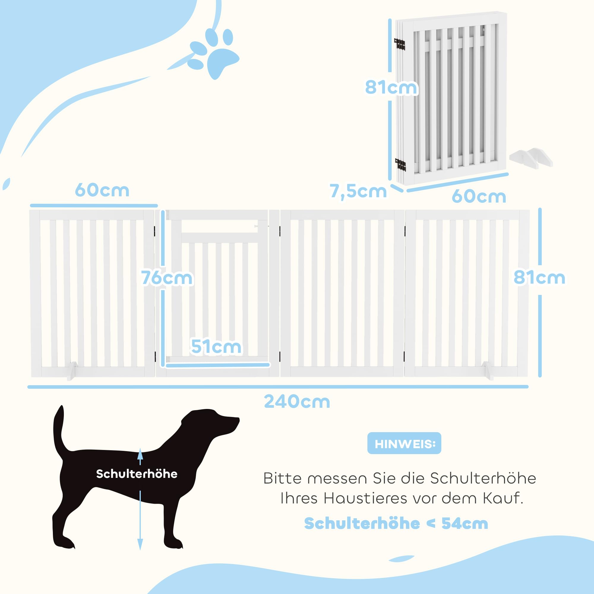 PawHut Freistehendes Treppengitter mit Füßen Holz 240 x 81 cm Weiß | Absperrgitter Hund, Hundegitter Schutzgitter, Treppenschutzgitter für Treppen Türen, Türschutzgitter Küche Flur, 4 Paneelen