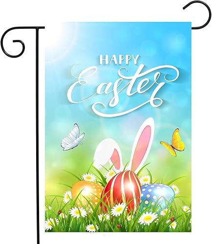 ShineSnow Bandera de feliz Pascua con orejas de conejo, mariposas, huevos coloridos, hierba, flores, margaritas, primavera, jardín, patio, 12 x 18 disponible en Yaxa Colombia