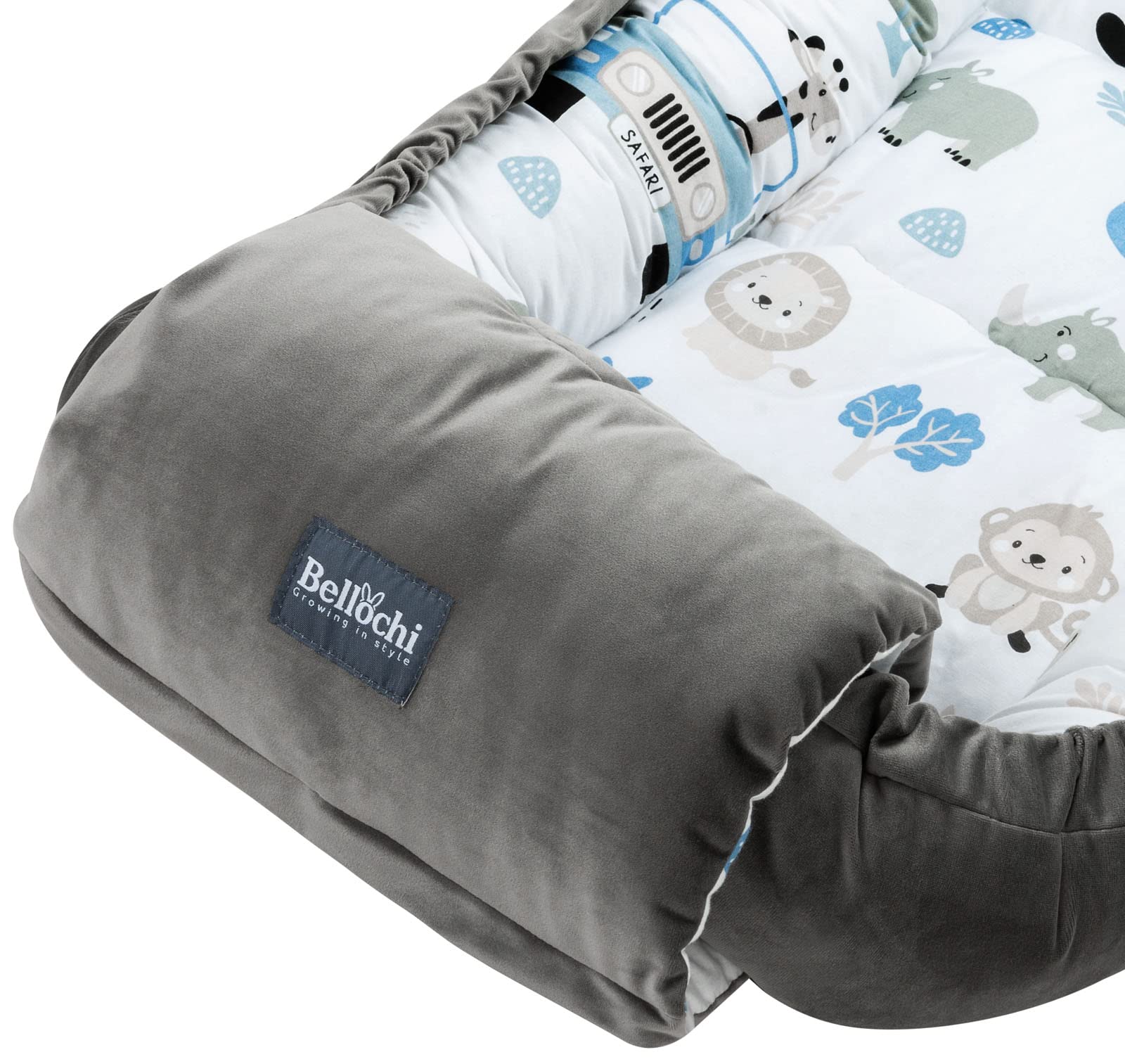 Bellochi reduktor łóżeczko dziecięce z poduszką na ramię - bawełna i aksamit - Cocoon reduktor do Baby Nest - 90 x 60 cm - Safari