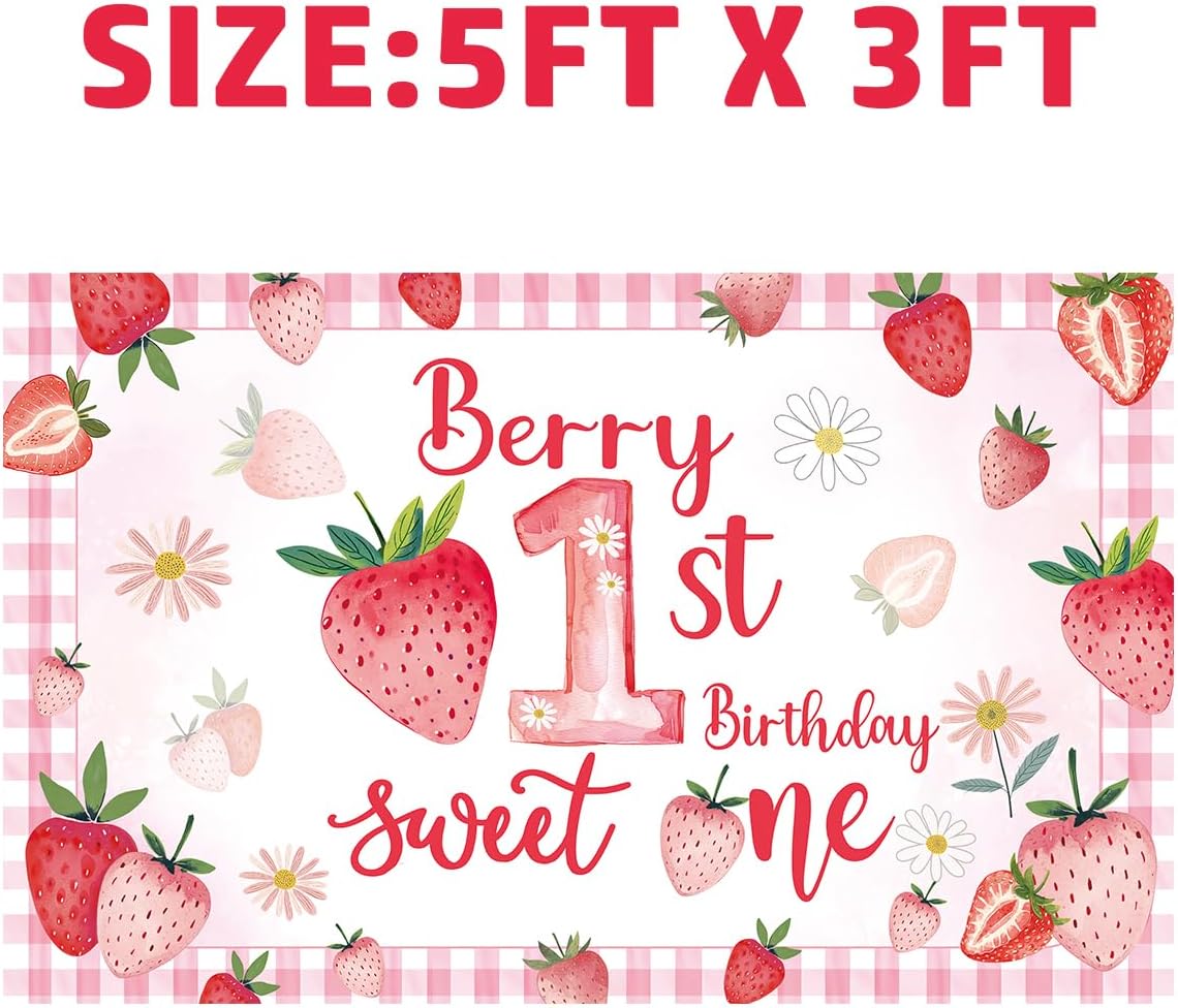 Pink Strawberry Theme Birthday Party Decorations, Berry First Birthday Supplies Backdrop,Sweet One Birthday Supplies Backdrop for Kids Strawberry Birthday Party Supplies 5FT*3FT - Image 2