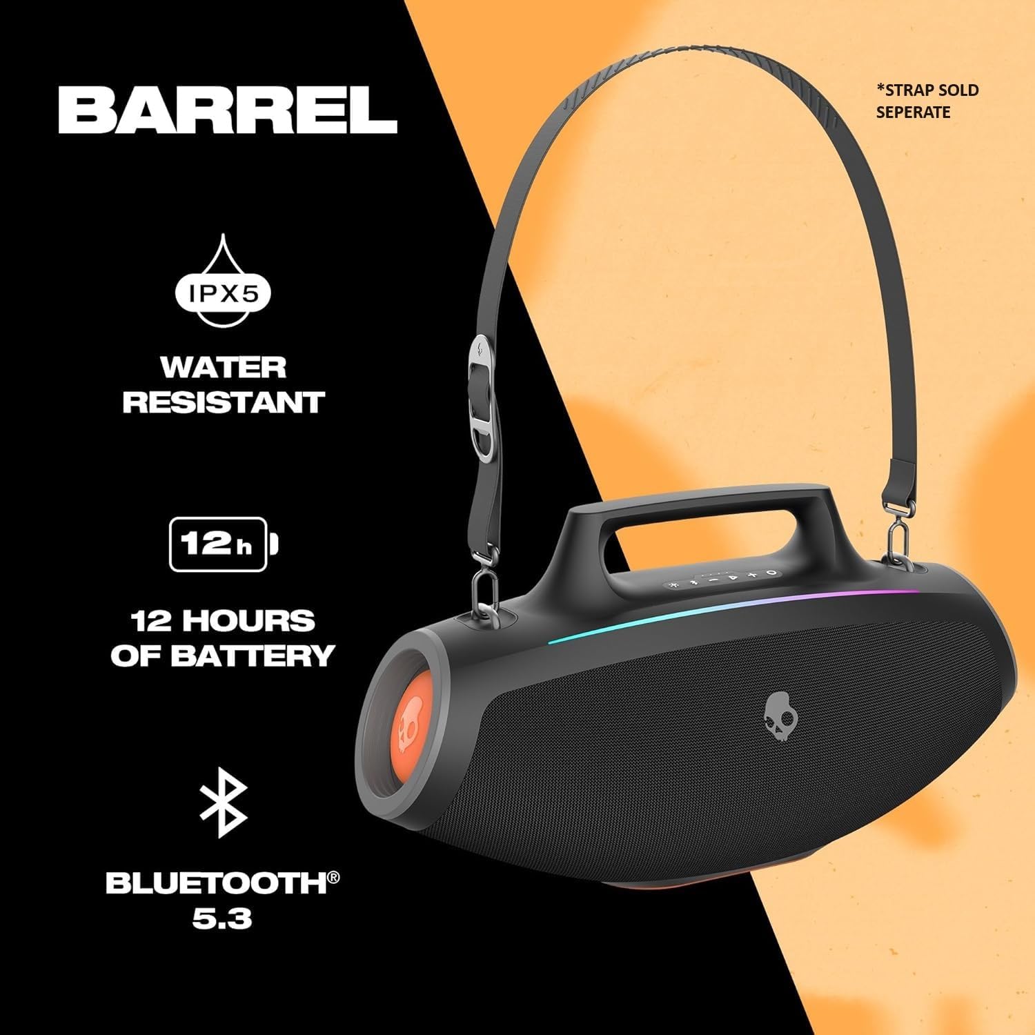 Skullcandy Barrel Bluetooth Boombox Speaker – Water-Resistant Wireless Portable, with LED Lightshow Mode, USB-C & USB-A Output Charging, Carry Strap NOT Included (Black) (Renewed)