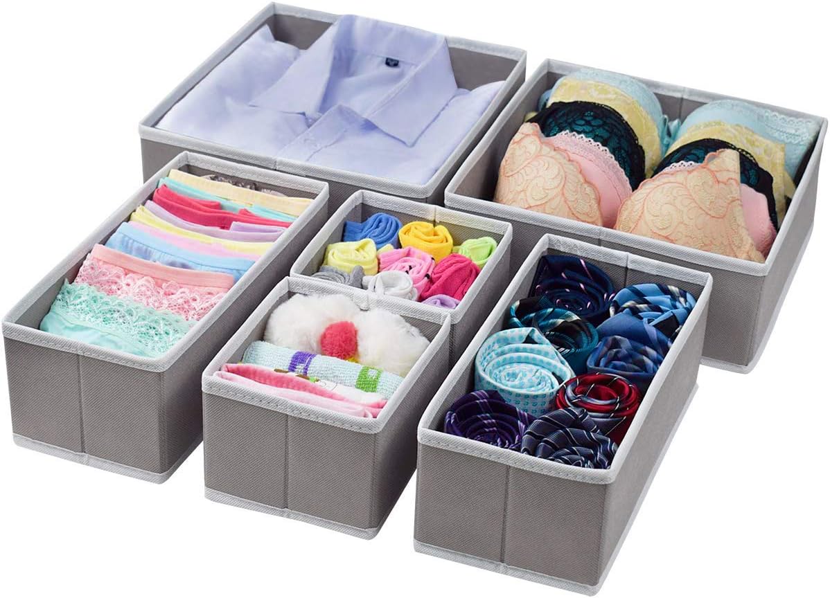 homyfort Cloth Dresser Drawer Organizers,Foldable Closet Storage Bins Cubes Dividers for Clothes,Underwear,Lingerie,Bras,Ties,Socks Set of 6 Light Grey