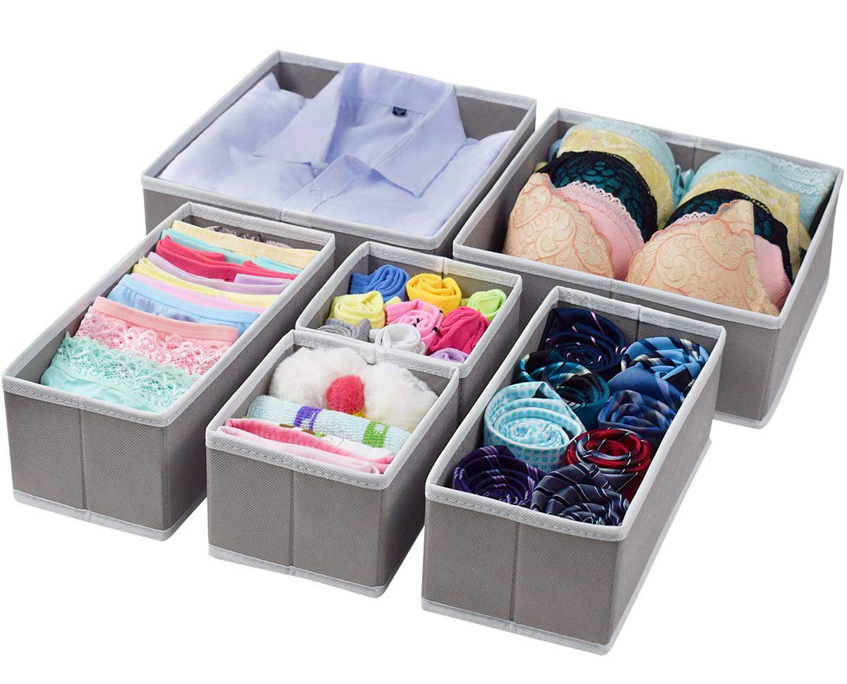 homyfort Cloth Dresser Drawer Organizers,Foldable Closet Storage Bins Cubes Dividers for Clothes,Underwear,Lingerie,Bras,Ties,Socks Set of 6 Light Grey