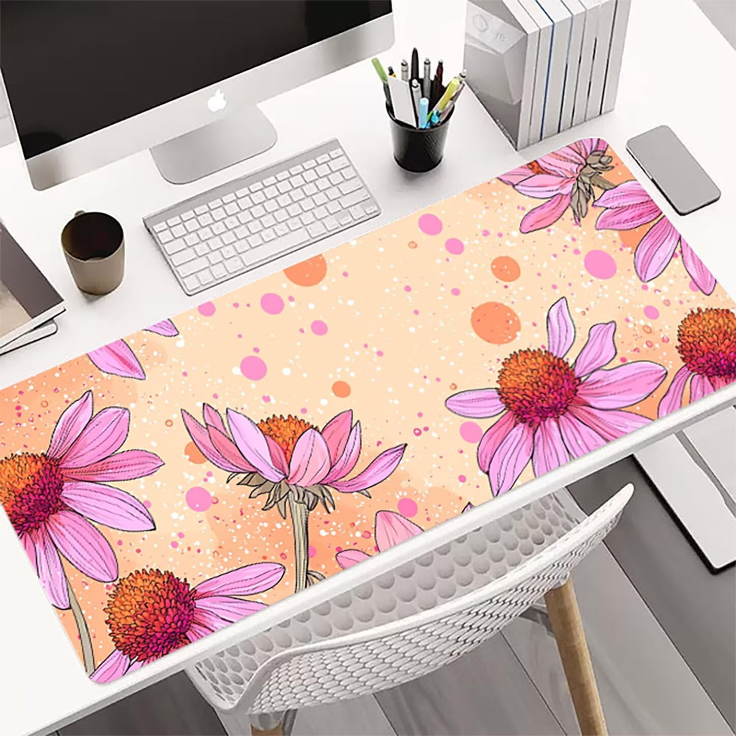 Lpfieonn Blume Großes Schreibtischunterlage, XXL Schreibtischunterlagen, Beige XXL Wasserdicht Gaming Mousepad mit Vernähter Rand und Rutschfeste Gummibasis, für Laptop/Hause/Büro 120x60cm PF-3331
