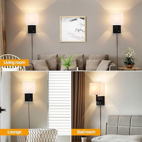 Miniatura 4 de Aplique de pared enchufable, lámpara de pared de cabecera con enchufe e interruptor regulable, con puerto de carga USB y enchufe, adecuado para