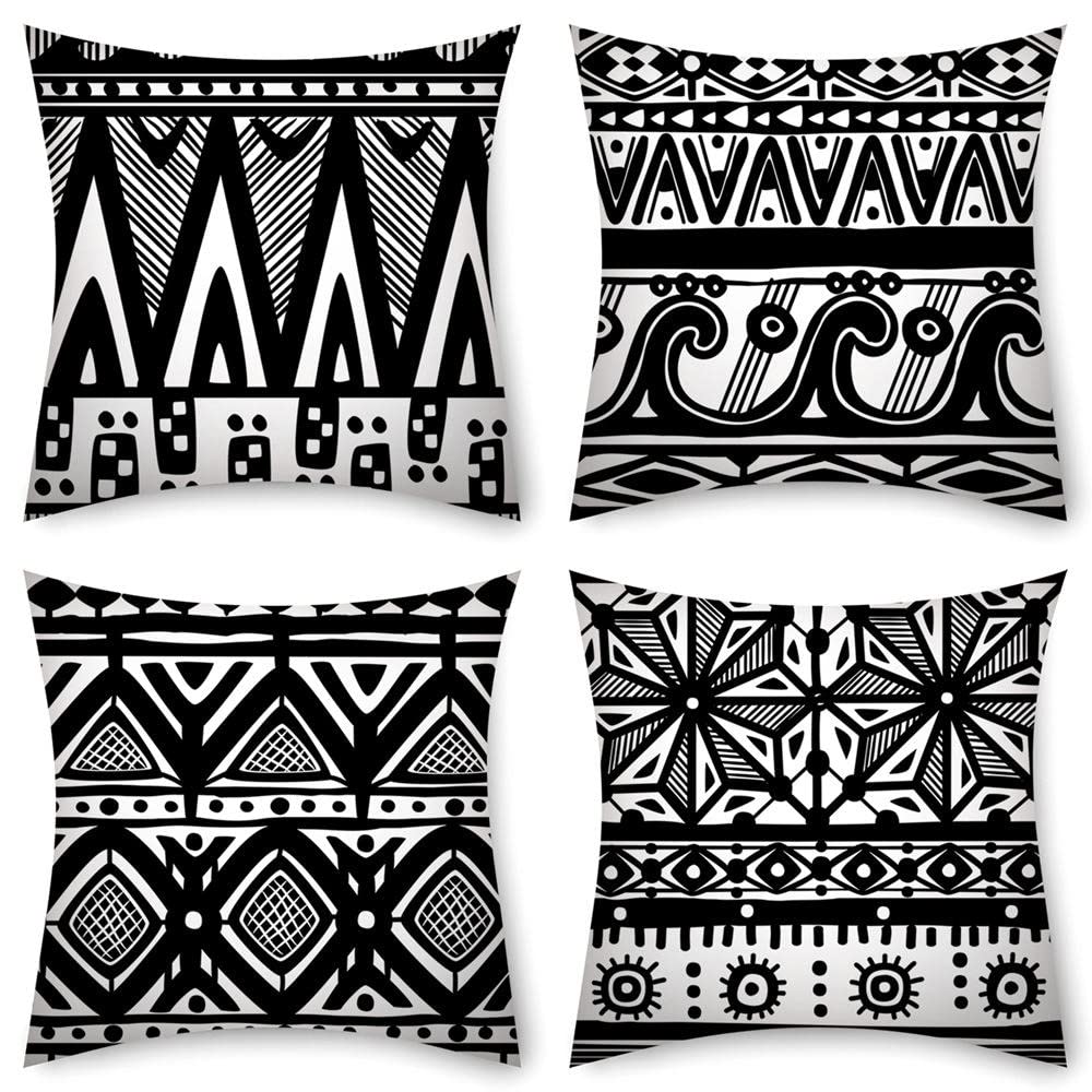 4 Piezas Funda de Almohada 65x65cm Líneas Blancas Y Negras Fundas de Cojín Terciopelo Sencillo y Decorativo para Sofá Camas Dormitorio Coche Lino Cojines Throw Pillow Covers （26x26in）