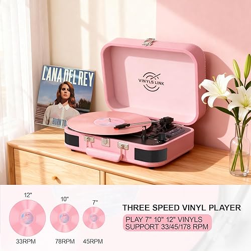 Miniatura 2 de Tocadiscos de vinilo Bluetooth con altavoces integrados, tocadiscos portátil para discos de vinilo, tocadiscos rosa vintage de 3 velocidades con