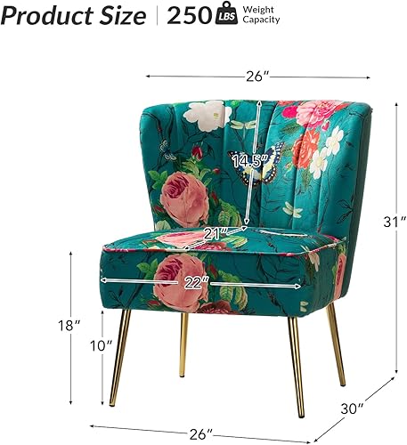 Miniatura 9 de HULALA HOME Silla decorativa con patas de metal dorado, cómoda silla de sala de estar, silla lateral pequeña sin brazos de tela floral, silla