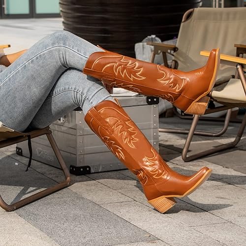 Miniatura 2 de Botas vaqueras bordadas para mujer, botas vaqueras de media pantorrilla, punta puntiaguda, tacón grueso, 2.0 in, diseño de moda, botas occidentales