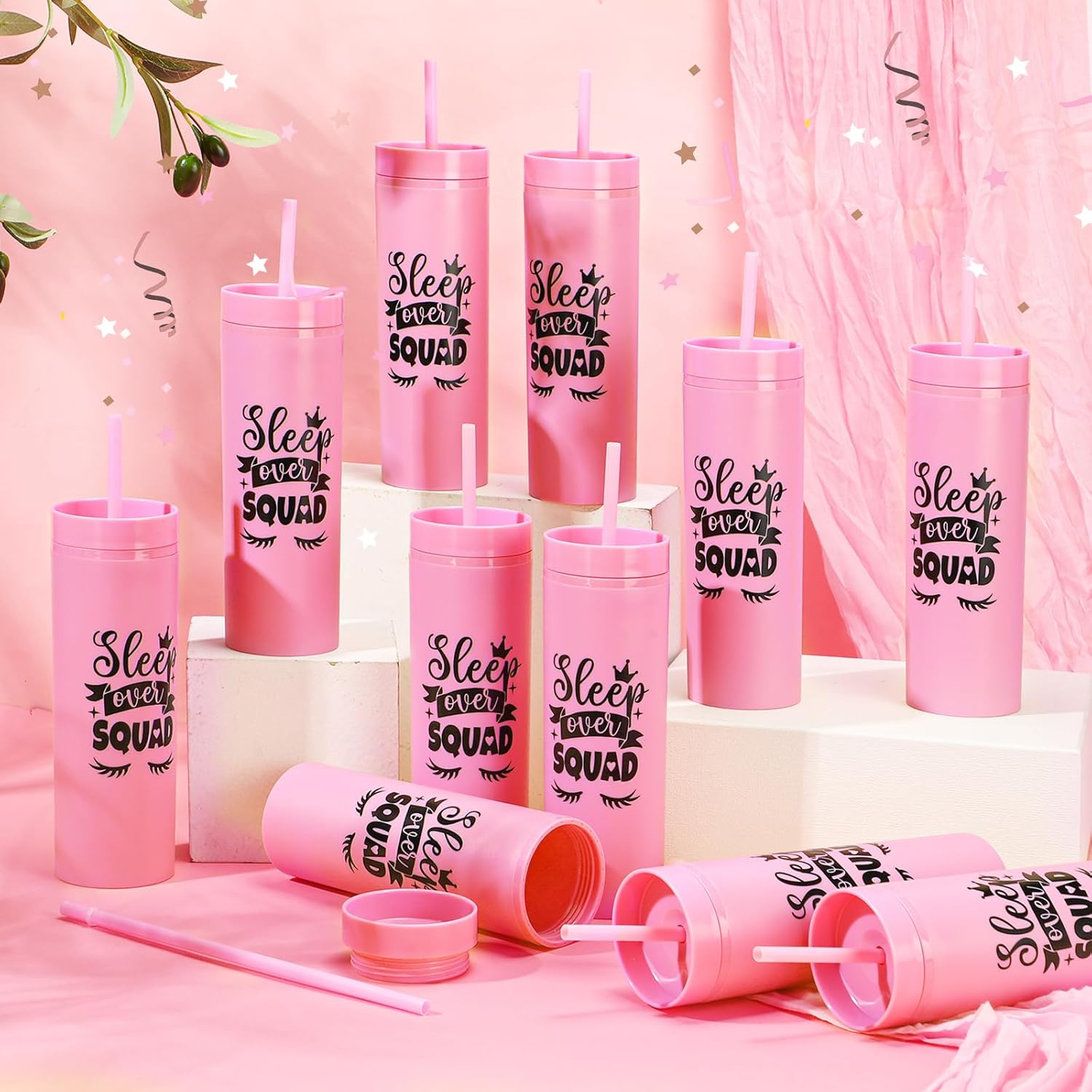 12 Pcs Sleepover Party Supplies for Girl 16oz Pink Skinny Tumblers with Lids and Straws Bulk Spa Squad Slumber Plastic Cups Reusable Coffee Party for Birthday Decoration Gift Favor