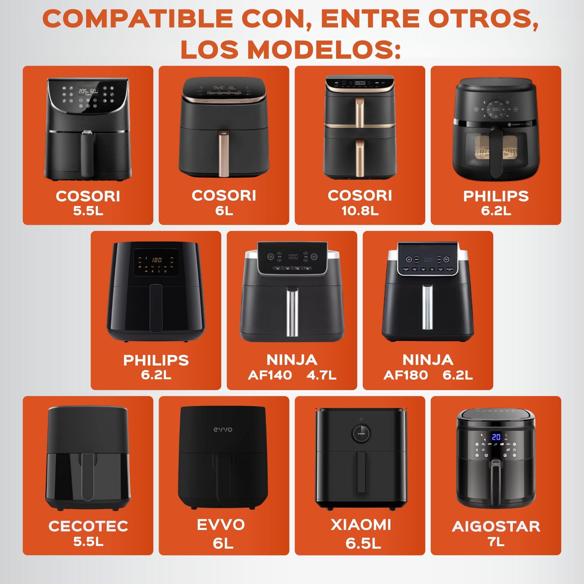 Accesorios Freidora Aire Cuadrada compatible con Cecotec, Cosori, Philips | Compatibilidad universal 5.5-7.5L, Silicona LFGB, sin BPA, apta lavavajillas. Incluye moldes y rejilla para grill