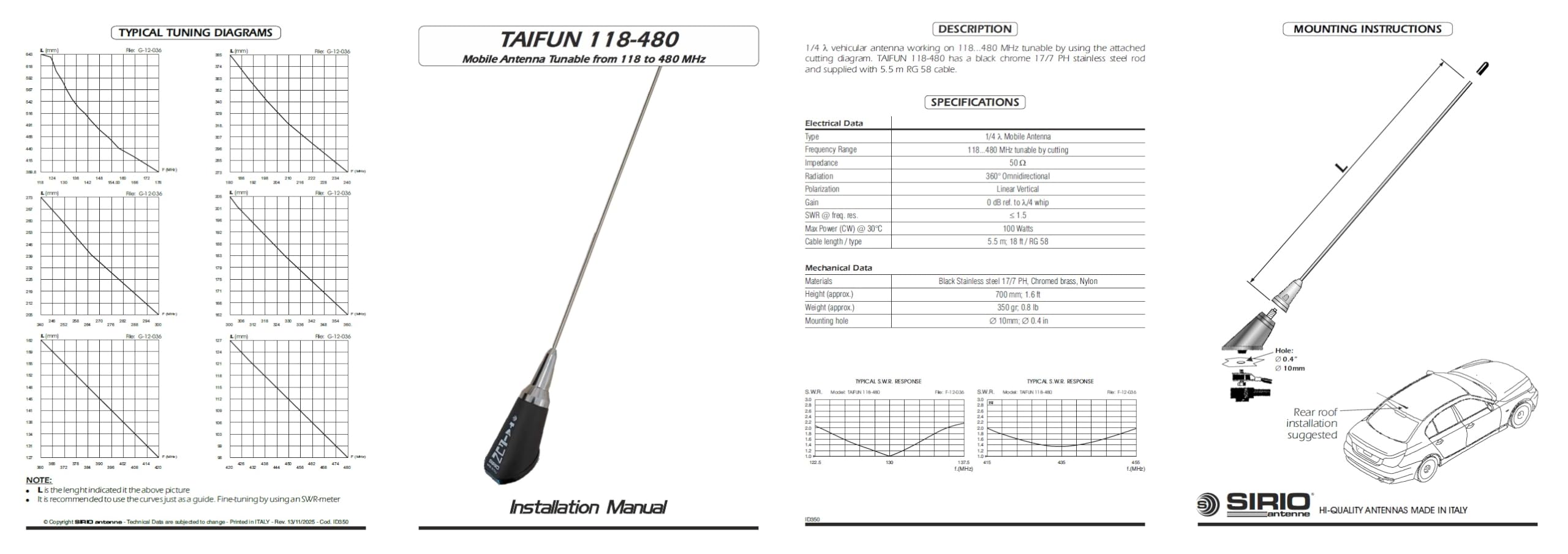 SIRIO TAIFUN ANTENNA VEICOLARE VHF 118-480 MHZ 5,5M CAVO