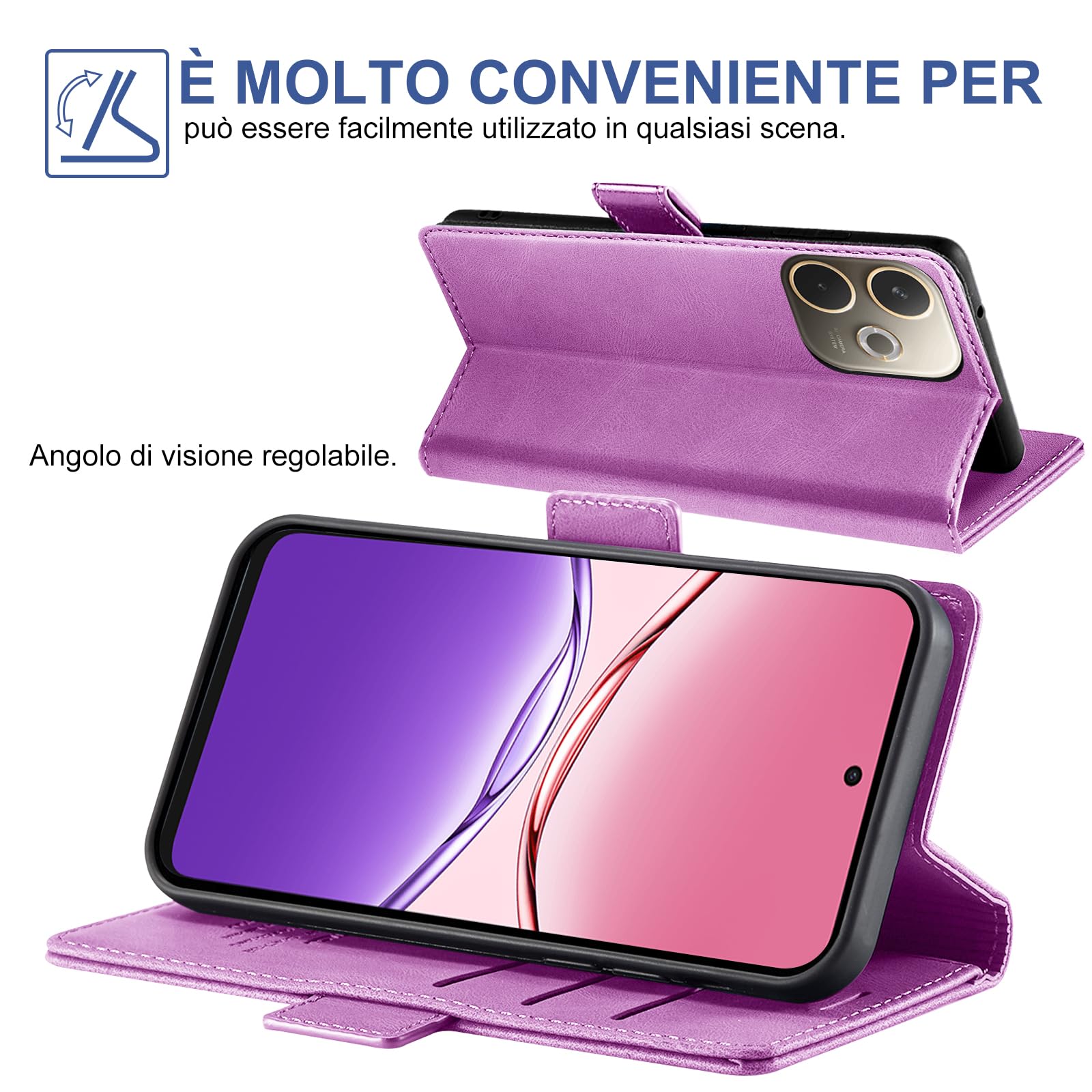 Giyer Cover per OPPO A5 Pro Custodia con Vetro Temperato, Premium Pelle PU Portafoglio Slot per Scheda RFID Antifurto Funzione Supporto Flip Case, Antiurto per OPPO A5 Pro 5G Cover (Viola)