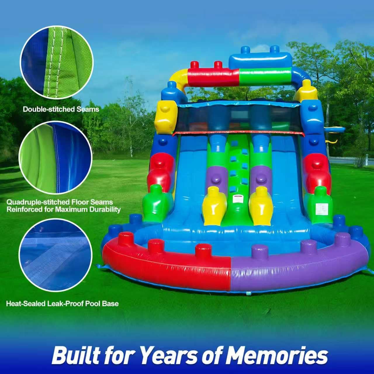 Commercial-Grade Building Blocks Dual-Lane Inflatable Water Slide with Splash Pool, Heavy-Duty PVC Vinyl, 1HP Blower Included, Backyard Wet/Dry Slide for Kids & Families (Rainbow)